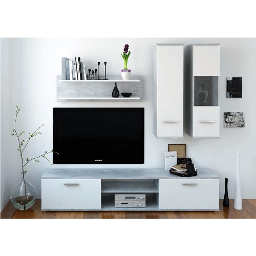 Nappali szekrénysor Tv asztal/2 soros polc/falra szerelt szekrény. (VEV430) Beton/fehér színben.