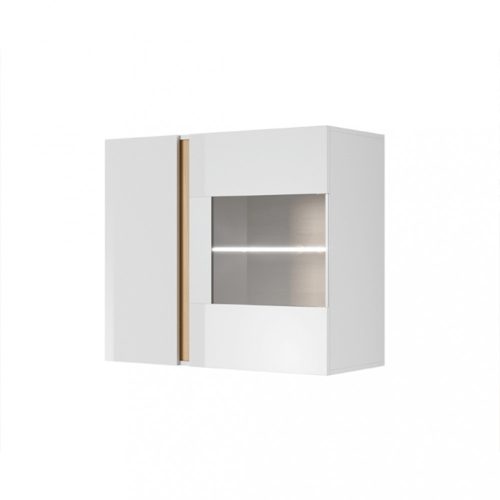 Fali vitrines szekrény magasfényű fehér/ tölgy színben (CTY423 ) Modern stílusban. 