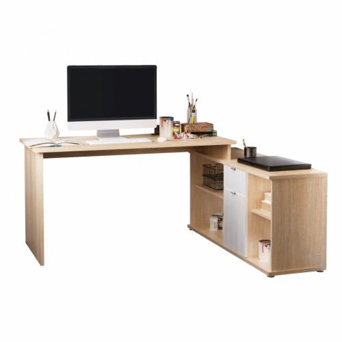 Számítógépasztal, íróasztal sonoma/fehér színben (DAL987) polcokkal és fiókos szekrénnyel!