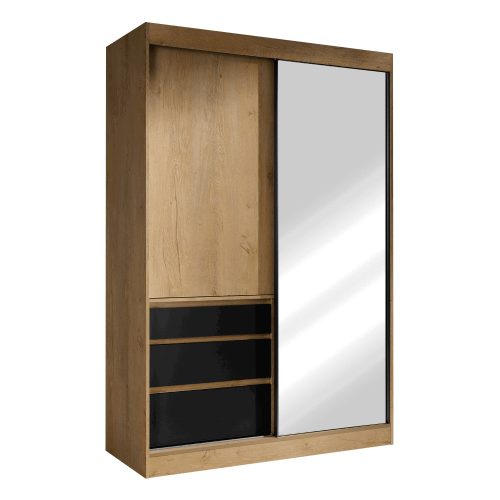Gardrób szekrény 140 cm széles,(ROM126) tolóajtókkal, tükörrel, tölgy színben. 