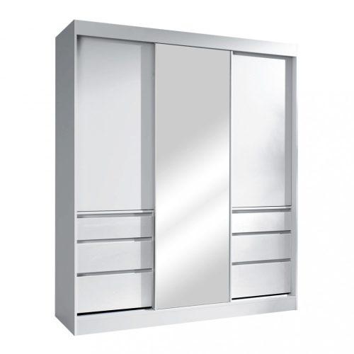 Gardrób szekrény (ROM128) INGYEN SZÁLLÍTÁSSAL! 180cm széles. Tolóajtókkal, tükörrel, fehér színben. 