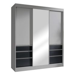   Gardrób szekrény (ROM130) INGYEN SZÁLLÍTÁSSAL! 180cm széles, tolóajtókkal, tükörrel, szürke színben. 